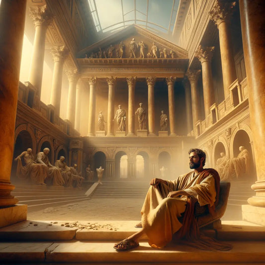 An ancient philosopher sits amidst Roman architecture with scrolls, exuding calm wisdom, in a style reminiscent of classic 1960s historical epics.
