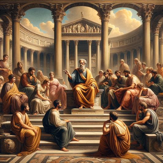 A Roman philosopher teaching students under grand classical architecture, reminiscent of 1960s historical epic films.