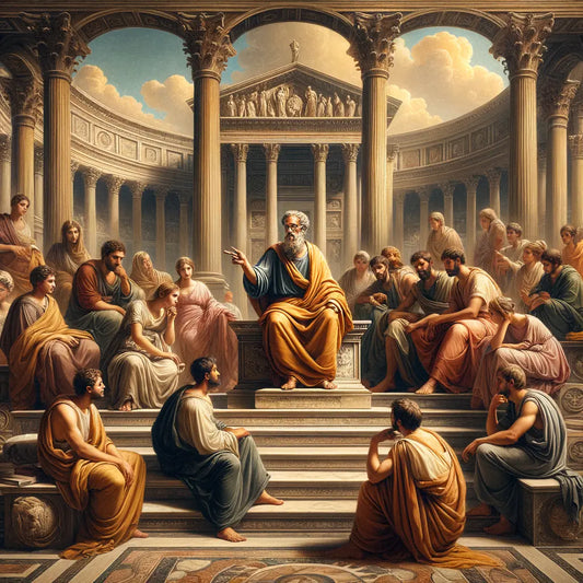 A Roman philosopher teaching students under grand classical architecture, reminiscent of 1960s historical epic films.