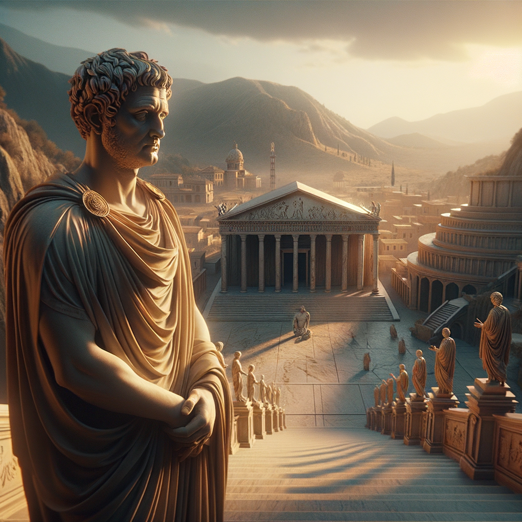 Marcus Aurelius in a contemplative pose with ancient Rome's architecture in the distance, in the style of 1960s historical films.