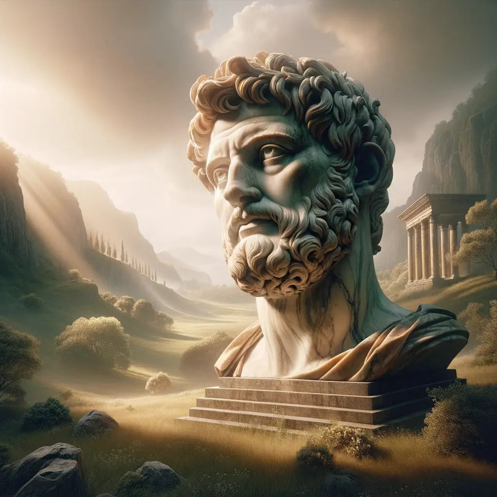 Marble bust of Marcus Aurelius on a pedestal in a serene Roman landscape, embodying Stoic philosophy with a contemplative expression, inspired by 1960s historical epic films.