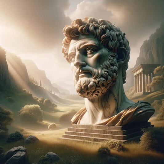 Marble bust of Marcus Aurelius on a pedestal in a serene Roman landscape, embodying Stoic philosophy with a contemplative expression, inspired by 1960s historical epic films.