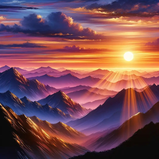 A scenic view of a sunset behind mountains.