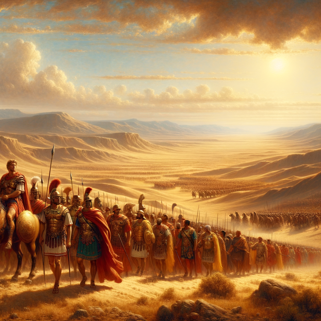 Scipio Africanus leading Roman soldiers on North African plains, preparing to engage the Carthaginian army, in a cinematic style reminiscent of 1960s historical epics.