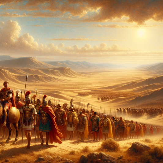 Scipio Africanus leading Roman soldiers on North African plains, preparing to engage the Carthaginian army, in a cinematic style reminiscent of 1960s historical epics.