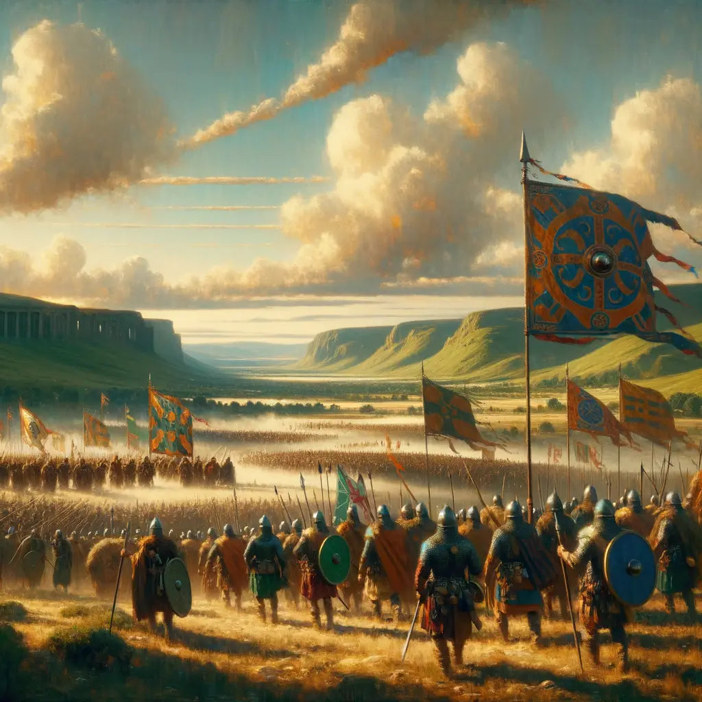Arverni warriors marching under their tribal symbol in the hills of ancient Gaul, depicted in a style inspired by classic 1960s historical films.