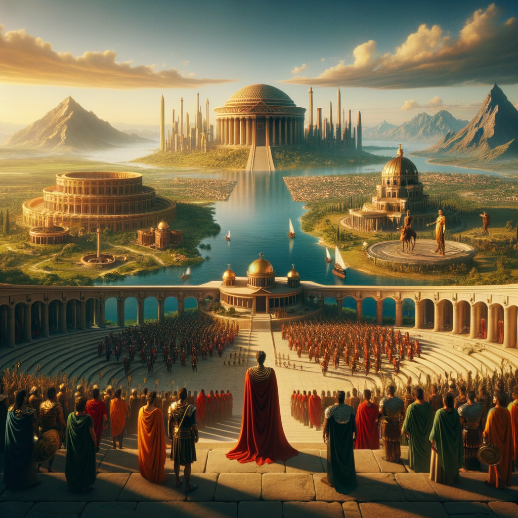 Panoramic depiction of the Roman Empire's expanse across continents, featuring iconic landmarks and historic emperors in a style reminiscent of 1960s epic films.