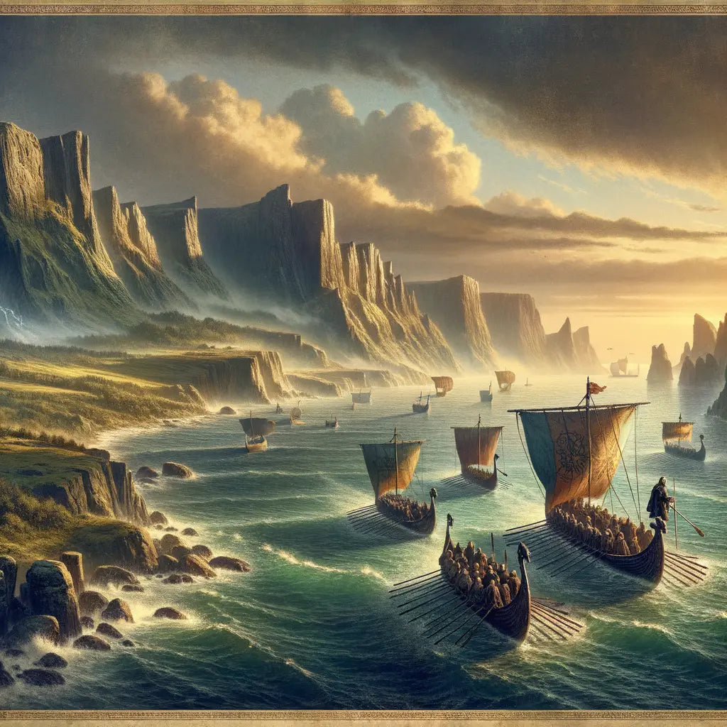 Illustrative map of Viking exploration routes across Northern Europe with Norse longships and warriors along a dramatic coastal backdrop, in a 1960s historical epic style.