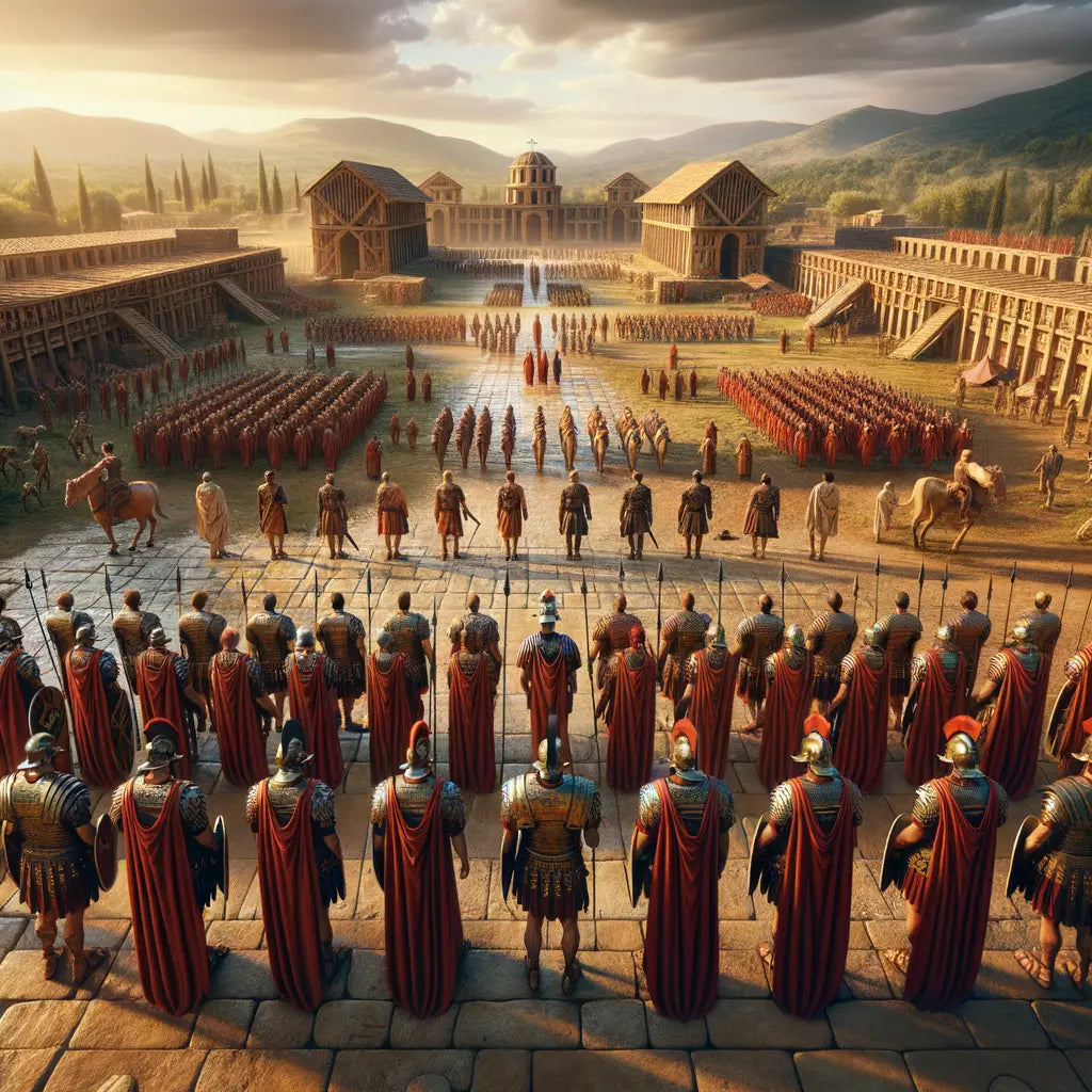 An expansive Roman legionary camp with soldiers in armor amidst ancient roads and fortifications, styled like a 1960s epic film.