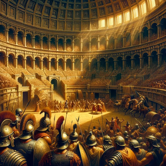 A cinematic depiction of the Roman Colosseum interior filled with spectators and gladiators ready for combat, capturing the drama and architectural grandeur of ancient Rome, reminiscent of 1960s epic films.