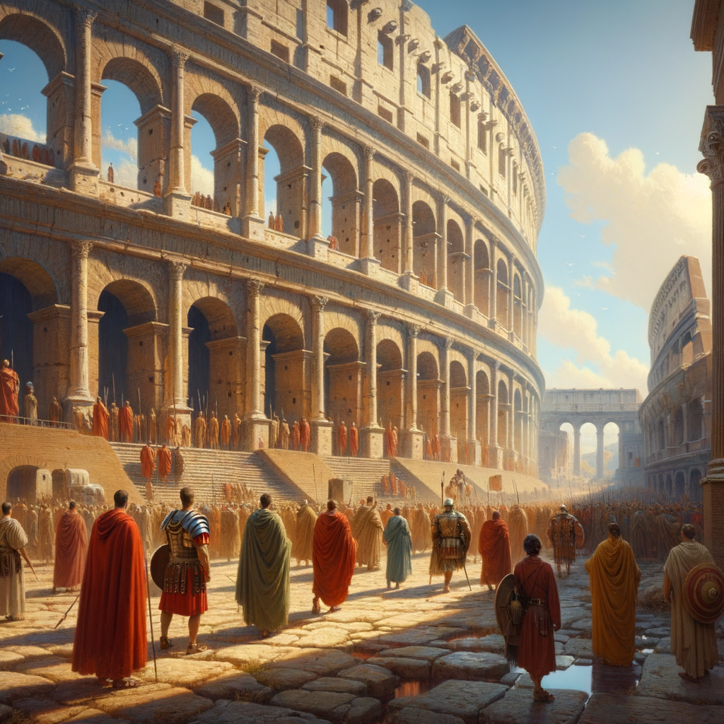 Modern art piece incorporating ancient Roman architecture with historical film style, featuring the Colosseum and aqueducts.