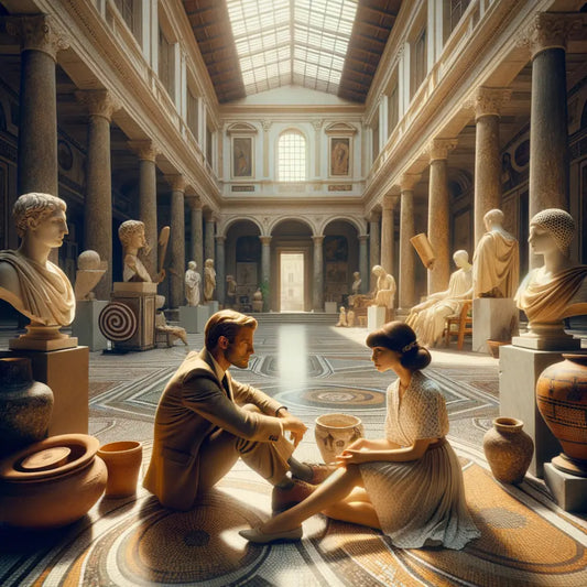 A couple in a Roman setting, engaged in conversation amid ancient artifacts, in a cinematic style reminiscent of 1960s historical films.