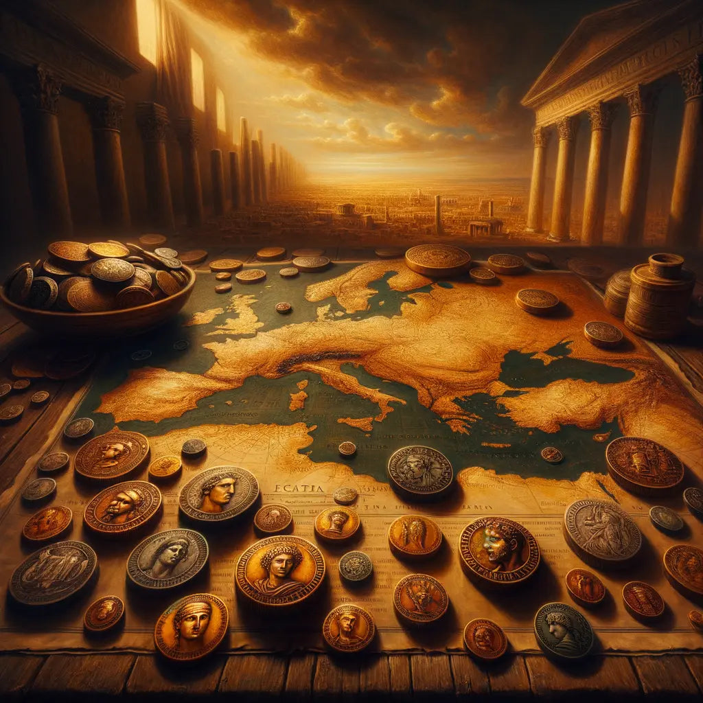 Ancient Roman coins artfully scattered on an old Roman Empire map, in a cinematic style reflecting 1960s historical epics.