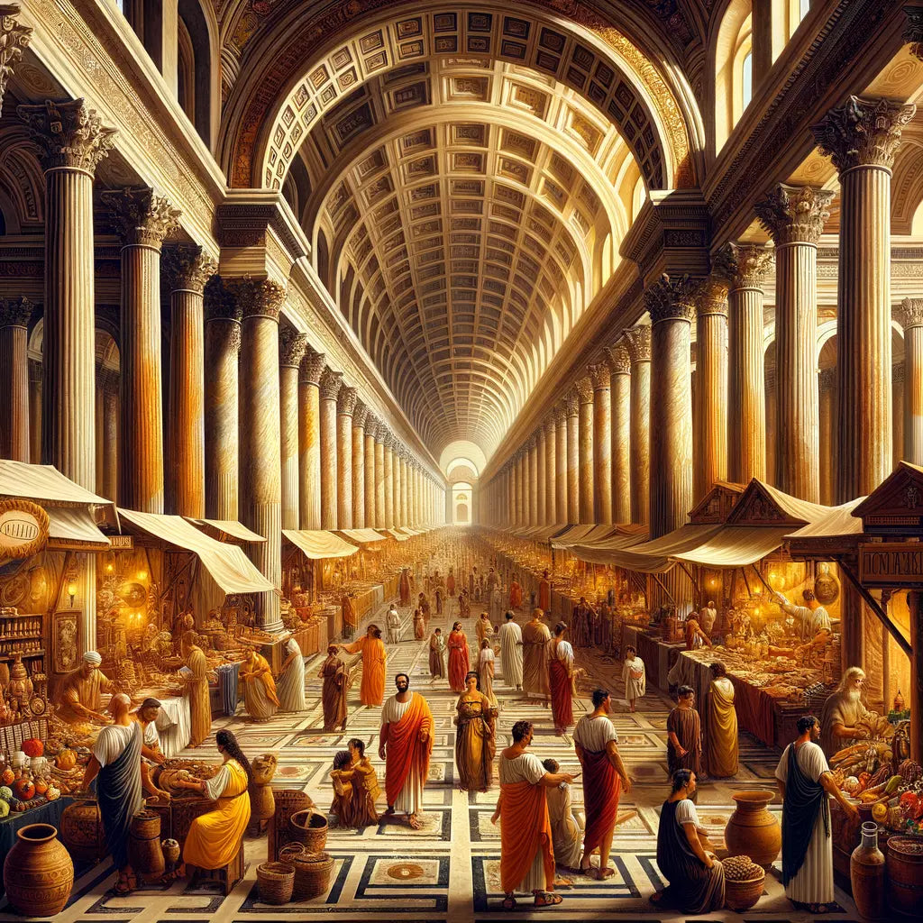 Ancient Roman marketplace bustling with citizens in togas, exchanging coins among marble columns, inspired by 1960s historical film style.