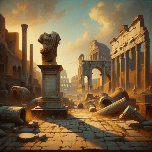 A headless Roman statue, possibly Marcus Aurelius, amidst ancient ruins and columns, painted in the style of 1960s historical films.
