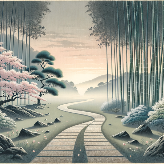 Zwei unterschiedliche Wege in einem ruhigen Wald, gesäumt von Kirschblüten und Bambus, symbolisieren divergente Geschichten und Transformationen – minimalistisch und von traditionellen japanischen Ästhetik inspiriert.