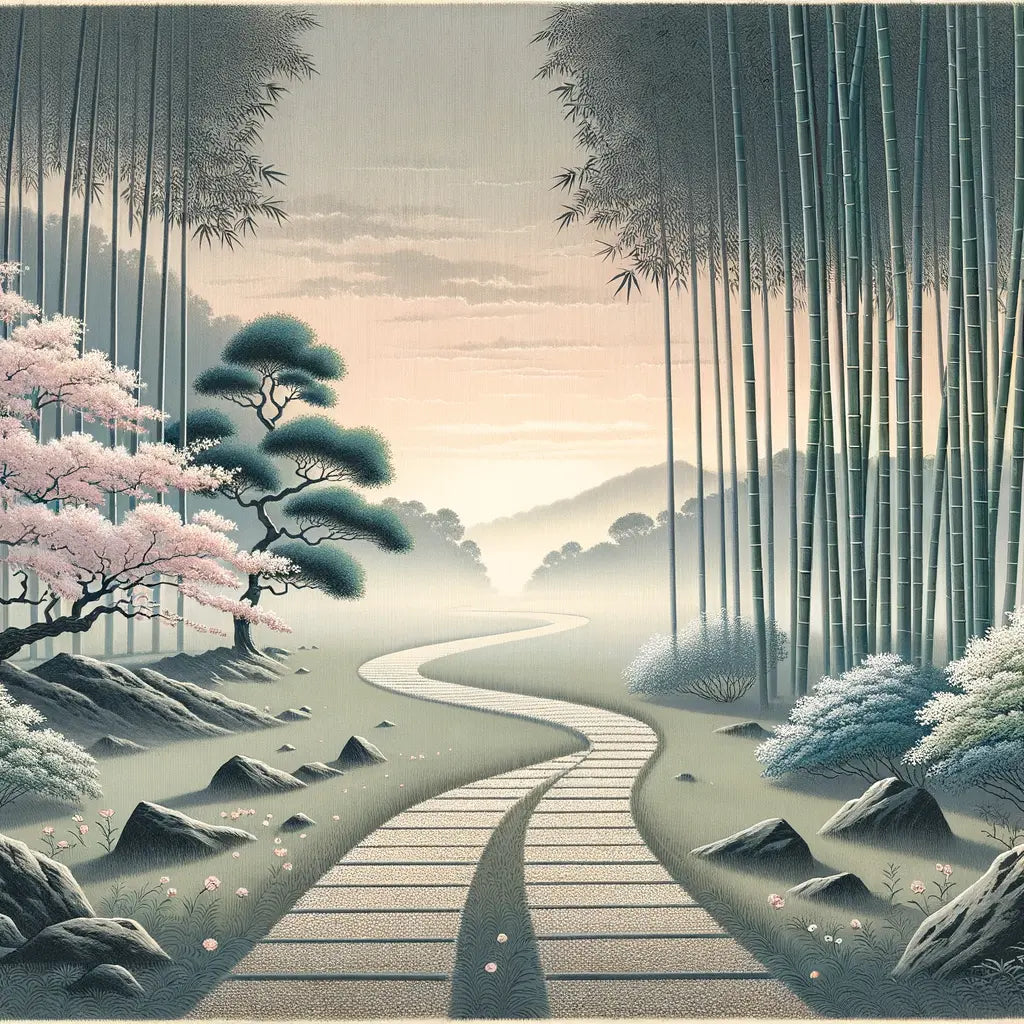 Zwei unterschiedliche Wege in einem ruhigen Wald, gesäumt von Kirschblüten und Bambus, symbolisieren divergente Geschichten und Transformationen – minimalistisch und von traditionellen japanischen Ästhetik inspiriert.