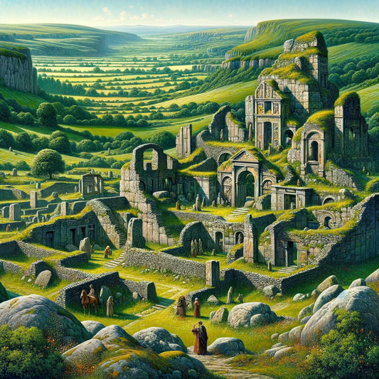 Ancient Celtic ruins amidst a lush green countryside landscape, inspired by 1960s historical films.