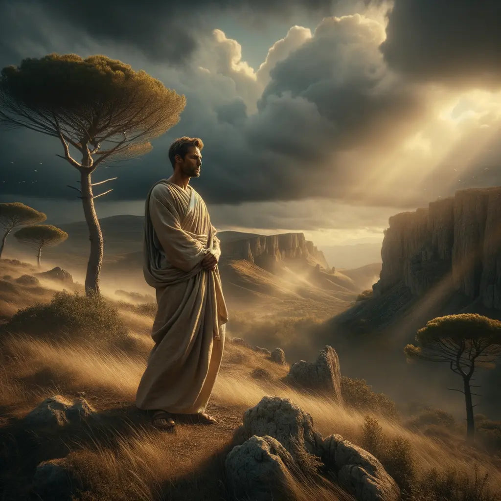 Philosopher in a toga standing calmly in a stormy Roman landscape, symbolizing stoic strength in a style reminiscent of 1960s historical films.