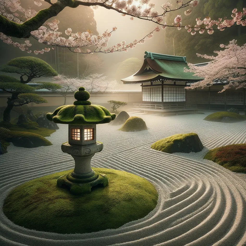 Ein minimalistischer japanischer Zen-Garten mit einem moosbewachsenen Steinlaternen, umgeben von Kirschblüten und einer stillen, meditativen Atmosphäre.