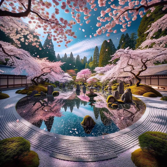 A peaceful zen garden with cherry blossoms and a calm pond.