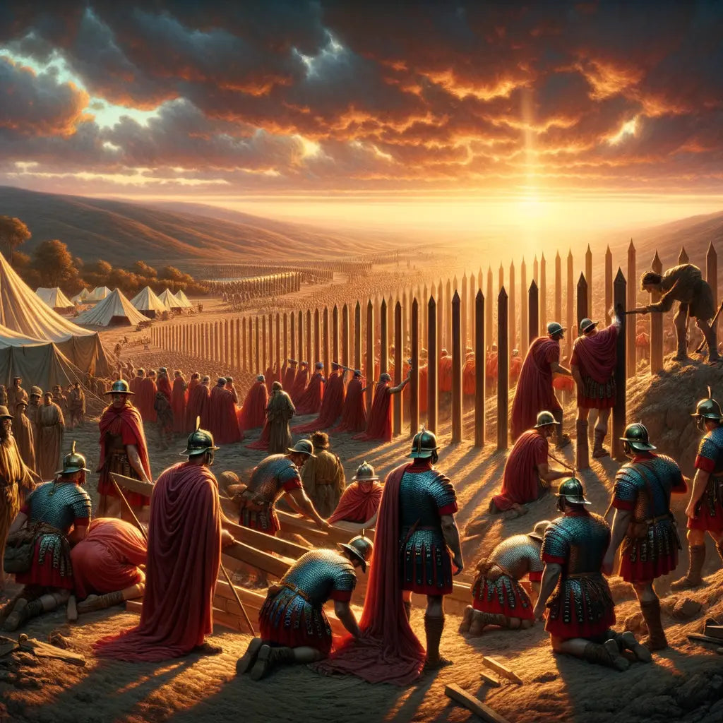 Roman legionaries setting up wooden stakes for a camp fortification at sunset, in a style inspired by 1960s historical epic films.