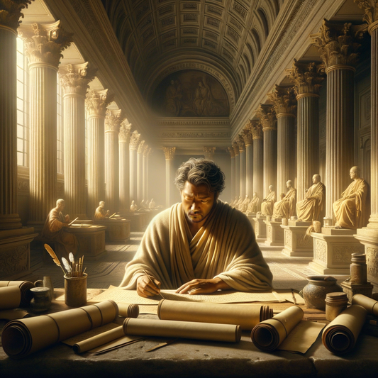 An ancient Roman scholar writing amidst scrolls and classical architecture, reflecting Stoic wisdom in a 1960s historical epic style.