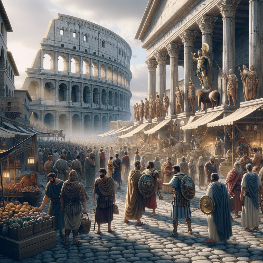 A lively Roman forum with merchants and citizens, depicting the architectural grandeur of ancient Rome.