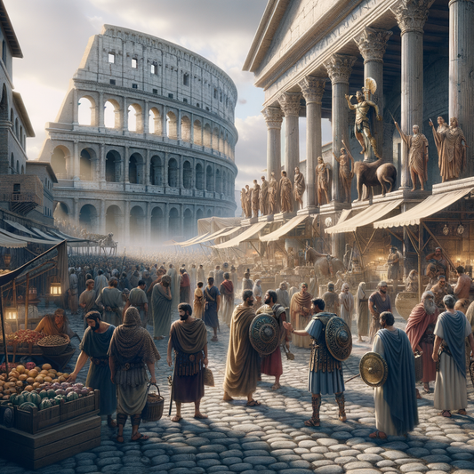 A lively Roman forum with merchants and citizens, depicting the architectural grandeur of ancient Rome.