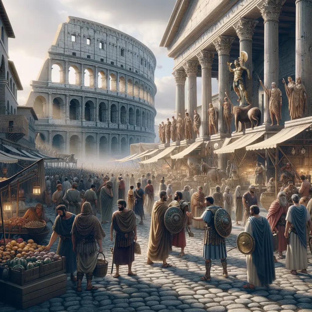 A lively Roman forum with merchants and citizens, depicting the architectural grandeur of ancient Rome.