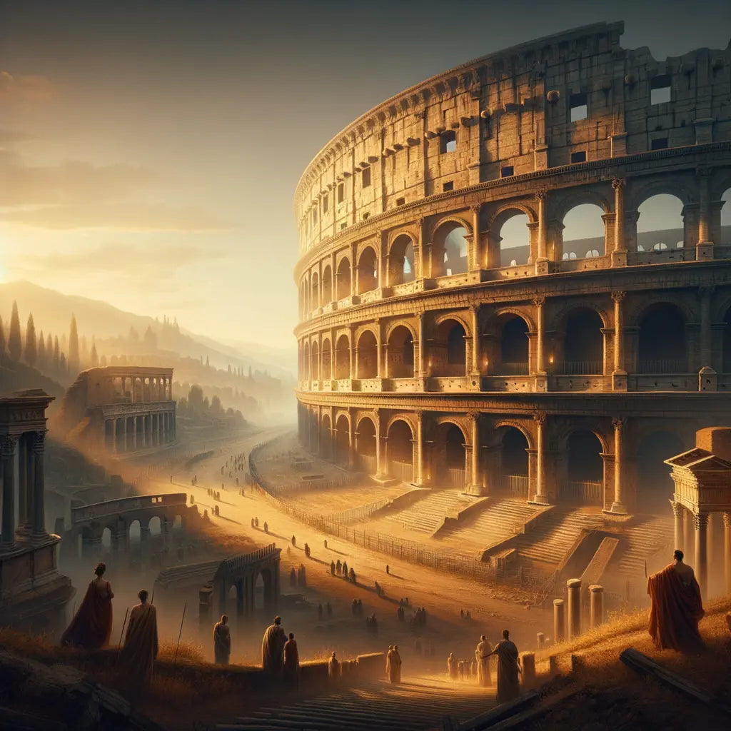 Panoramic view of the Colosseum at sunrise, bathed in golden light, with distant Roman hills in the background and a few figures in togas nearby, inspired by classic 1960s film epics.