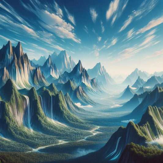 A tranquil view of mountains under a sunny sky with a serene atmosphere