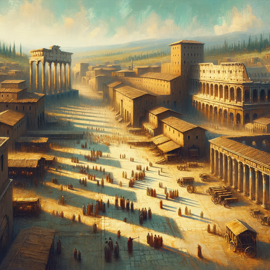 A panoramic view of the Roman Empire with shadows symbolically representing cracks and threats, painted in the style reminiscent of 1960s historical epic films.