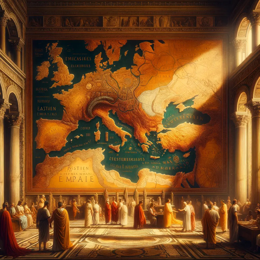 A cinematic painting of the Roman Empire's map at its height and its later division into East and West, framed by Roman architecture, with figures in traditional attire, inspired by 1960s historical films.