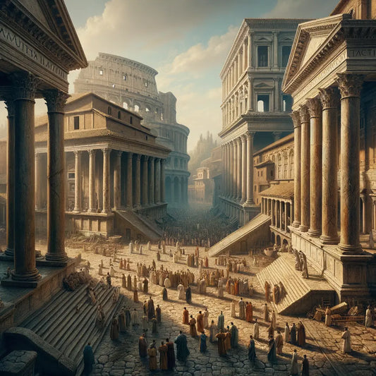 Early Christians discreetly gathering in ancient Rome with Roman temples in the background, inspired by 1960s historical films.