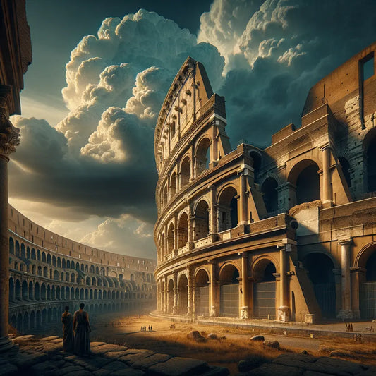 Partially ruined Ancient Roman Colosseum under a dramatic sky, depicted in the style of 1960s historical epic films.