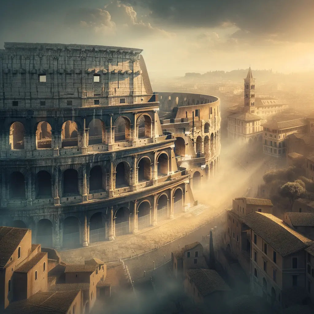 Aerial view painting of the Colosseum in Rome, blending ancient arches with the modern cityscape, inspired by 1960s historical epic films.