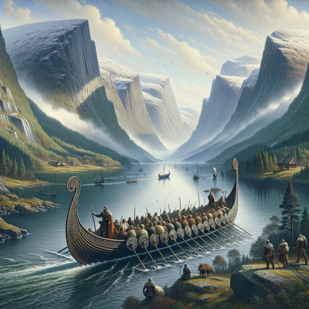 A Viking longboat sails through a Nordic fjord, surrounded by towering mountains, lush forests, and a pale, icy sky, depicted in the style of classic 1960s historical films.