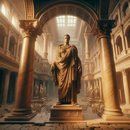 Roman statue in toga and tunic with Roman architecture in the background, inspired by classic historical films.