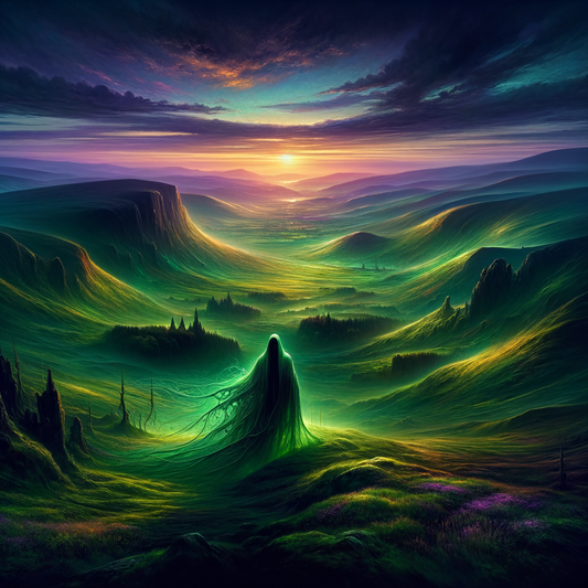 A shadowy figure evoking a banshee in a mystical Irish landscape at twilight, with rolling green hills bathed in the soft glow of sunset.