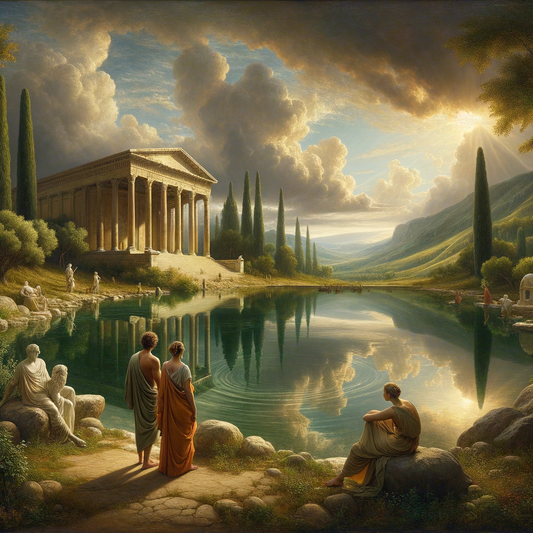 Serene Roman lake reflecting harmony of nature, with toga-clad figures, in 1960s epic style.