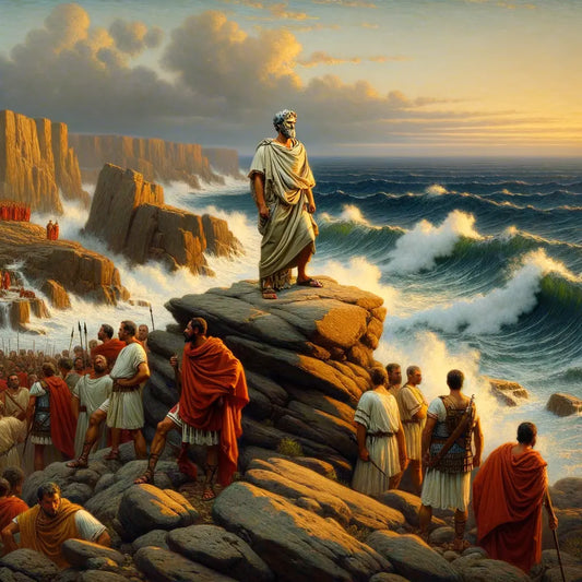 Ancient Roman philosopher standing firm on a rocky outcrop against crashing waves, symbolizing stoic resilience in a 1960s historical film style.