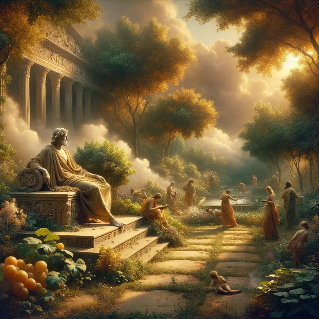 A Roman philosopher in a tranquil garden, embodying peace and reflection in a 1960s historical epic style.