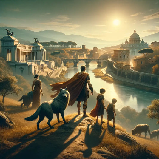 Romulus and Remus with the she-wolf overlooking ancient Rome and the Tiber River, styled like a 1960s historical film painting.