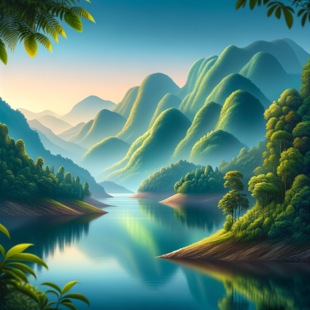 A peaceful lake with mountains in the background during sunset.