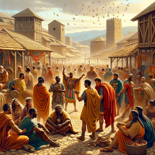Illustration of ancient Gauls in a vibrant market with Roman soldiers interacting, cinematic 1960s film style.