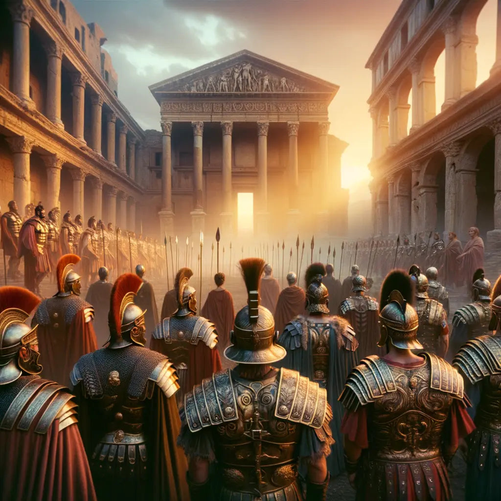 A cinematic portrayal of Roman history featuring soldiers and architecture.