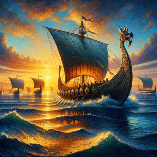 Majestic Viking ship with dragon prow cruising at sunset, styled like a 1960s historical epic film with cinematic lighting and grandeur.
