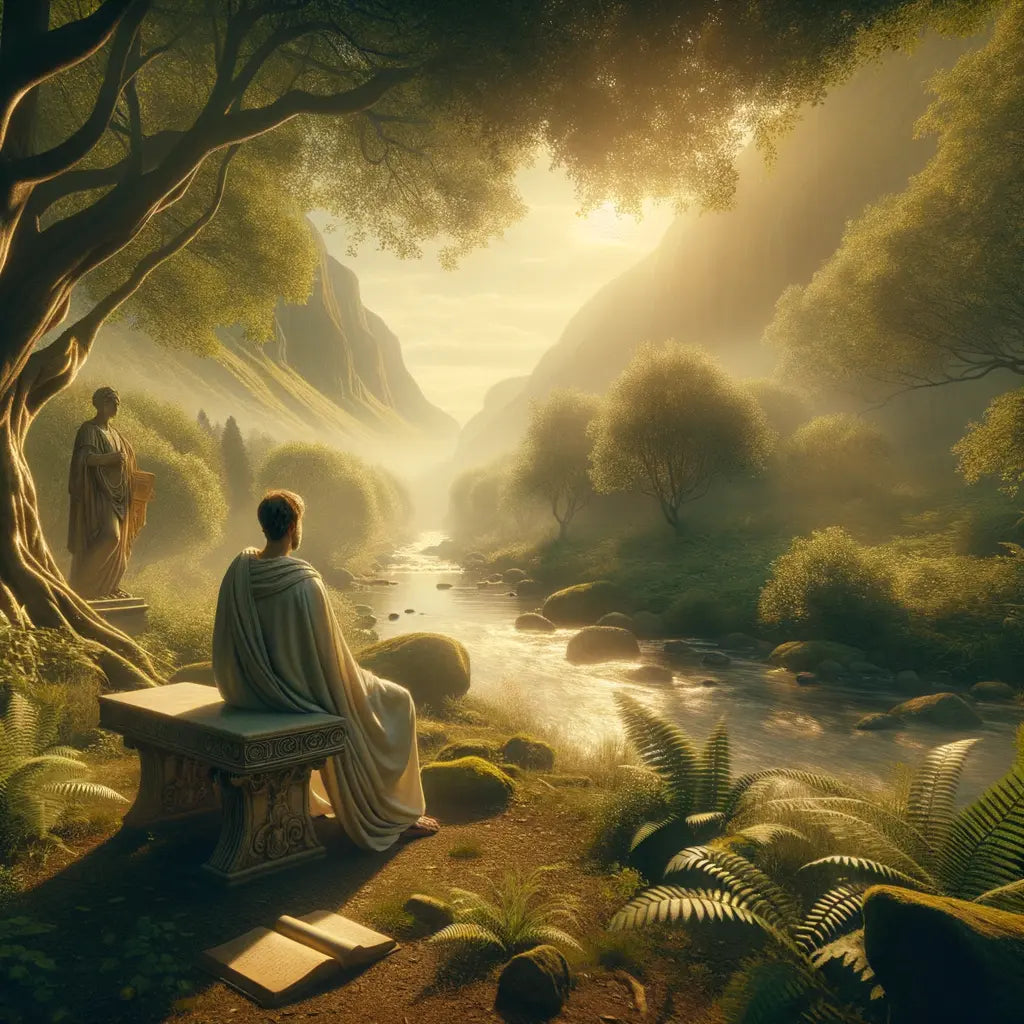 Ancient Roman emperor in deep contemplation surrounded by nature, symbolizing stoicism and wisdom, in the style of a 1960s historical epic film.