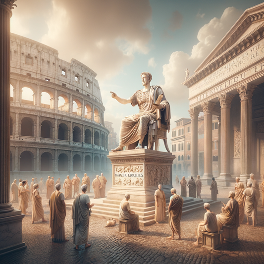 Equestrian statue of Marcus Aurelius in Rome, surrounded by historic Roman architecture, in a style reminiscent of 1960s historical epic films.